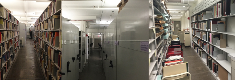 The stacks and re-shelving area at MoMA Queens.